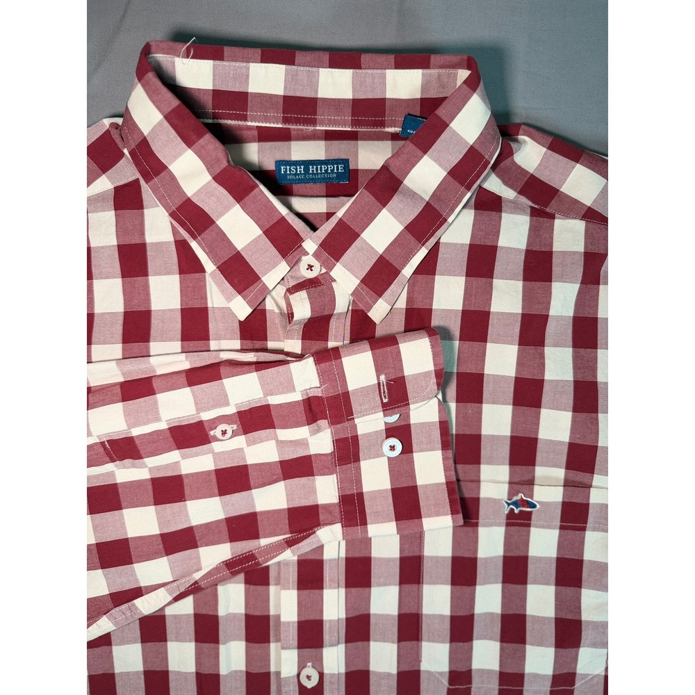 Fish Hippie Solace Collection Men XL Red White Gingham Button Down Shirt Stretch